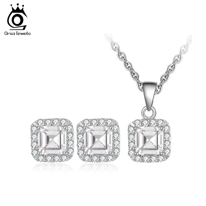 

ORSA JEWELS Luxury Square Shape 925 Silver Jewelry Set with Necklaces Earrings AAAA Zircon for Female Jewelry Party Gift OSS69