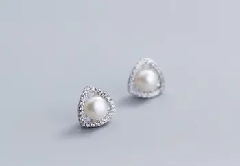 

100% 1pair Real. 925 Sterling Silver Fine Jewelry Freshwater pearl into the Triangle Geometric Stud Earrings white CZ gtle2042