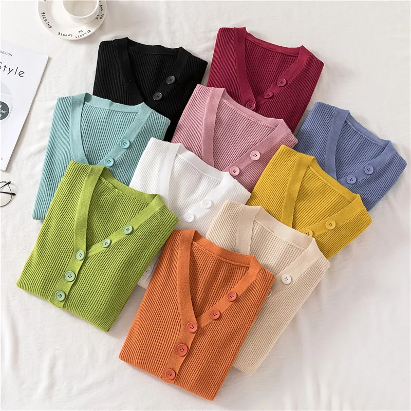 

Fashion 2019 Button V Neck Slim Autumn Winter Thin Knit Pullover Sweater Casual Top Women Pull Femme Soft Jumper Long Sleeve