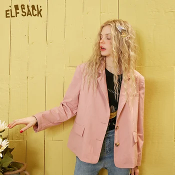 

ELFSACK Pink Solid Single Breasted Casual Blazer Women Jacket 2020 Spring New Pure Pocket Office Ladies Korean Daily Outwears