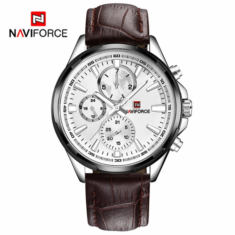 Silver white NAVIFORCE, роскошные брендовые кварцевые часы с датой, мужские деловые повседневные военные спортивные часы, кожаные Наручные часы, мужские часы - Цвет: Silver white