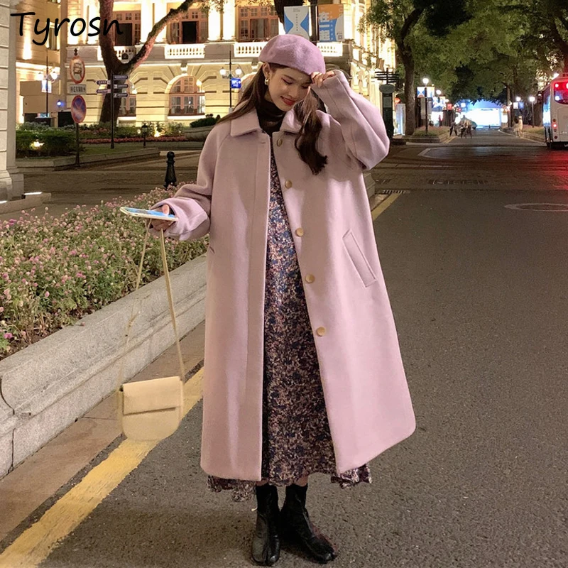 

Wool Blends Women Sweet Purple Woolen Coat High Street Keep Warm Thicker Wide-waisted Long Single Breasted Outwear Mujer Elegant