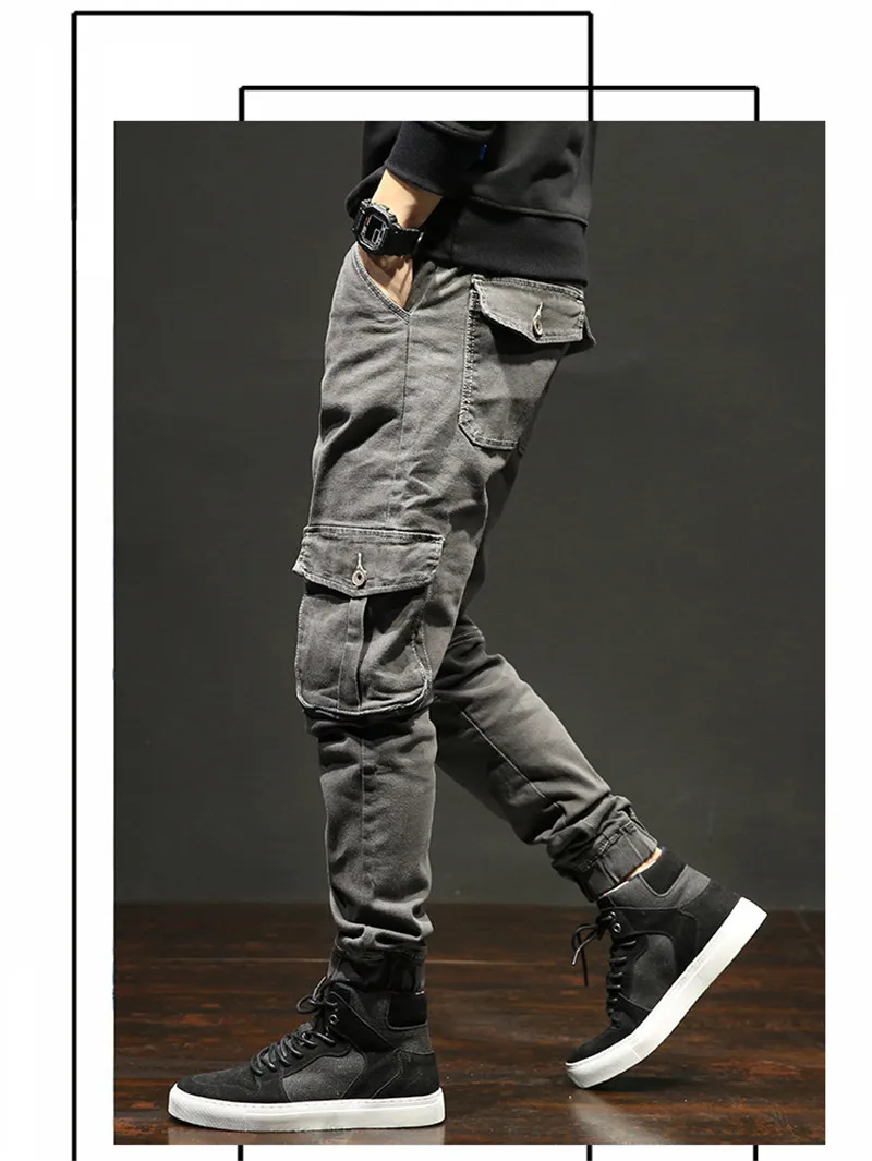 2018 New Men`s Casual Jeans Trousers Cool Fashion Male Loose Multi-pockets Military Tactical Cargo Pants Elastic Beam Foot Pants  (4)
