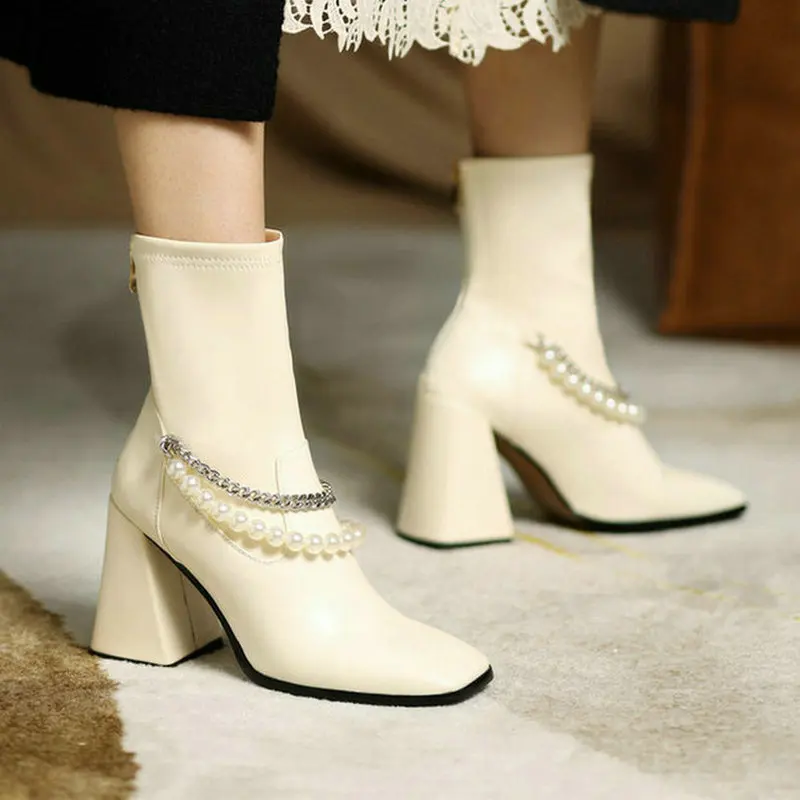 

2021 Women Ankle Boots Faux Leather Square Toe Women's Boots Fashion Chain Back Zipper Ladies Thick High Heel Boots Big Size 45