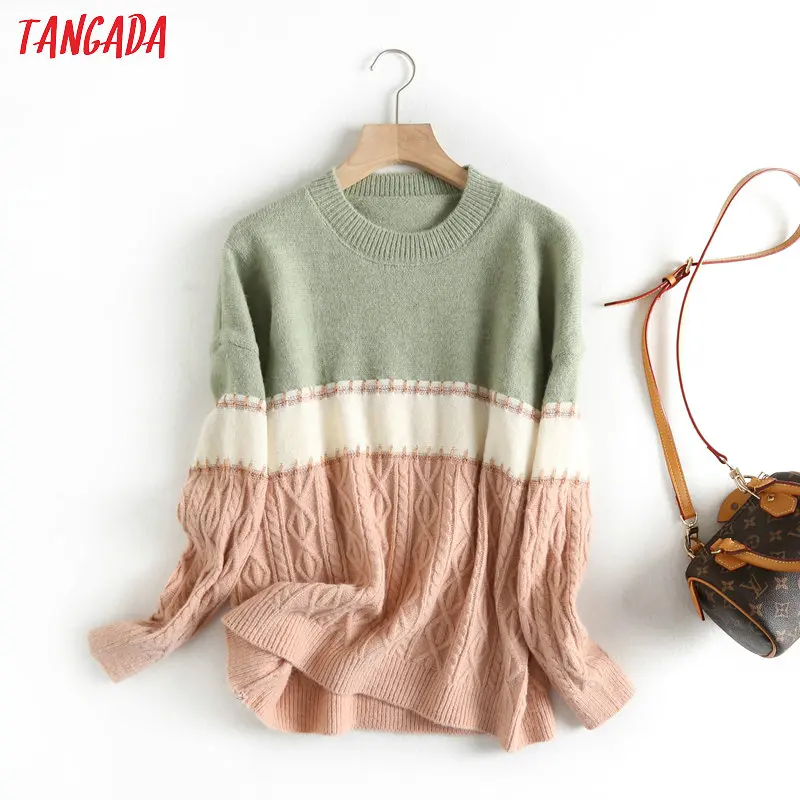 Tangada Женская разноцветная сладкий джемпер свитер в Корейском стиле; Модная одежда с длинным рукавом Круглая горловина пуловеры женские топы BC45