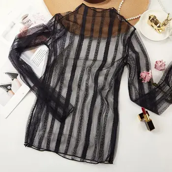 

Blouse Summer Bottoming Shirt Sexy Openwork Perspective Female Long Mesh Lace Blouse Slim Long Sleeves Shirt Women Blouse