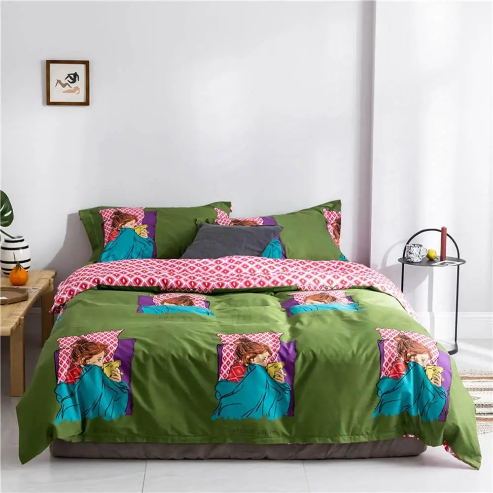 

2019 Sleeping Girl Green Plaids Duvet Cover Set Flat Fitted Sheet Cotton Bedlinens Hypoallergenic Twin Queen King Bedlinens