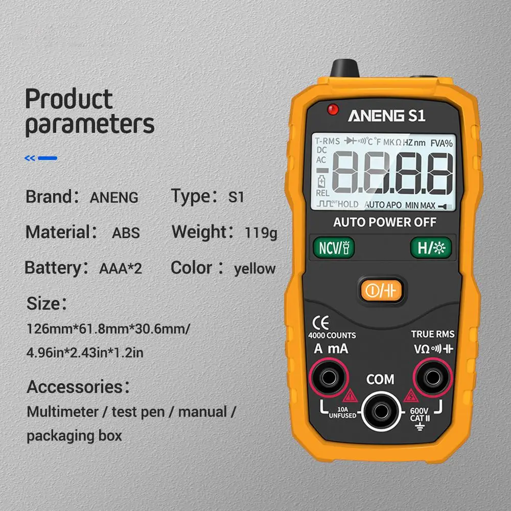 ANENG S1 Цифровой мультиметр True RMS Авто Диапазон Профессиональный ЖК Автоматический Смарт мультиметры Напряжение Амперметр Датчик - Цвет: yellow