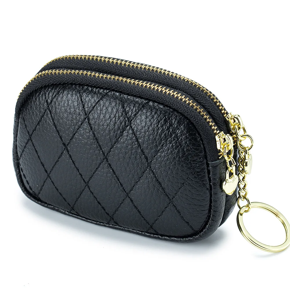 Women Genuine Leather Zip Mini Coin Purse With Key Ring Female Double Zipper Card Holder Small Change Wallet Pouch Storage Bag