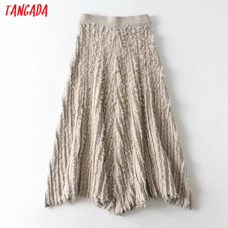 Tangada Женская юбка миди цвета хаки с кисточками зимняя элегантная Офисная Женская модная плотная трапециевидная юбка для женщин faldas mujer MJ02