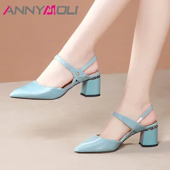 

ANNYMOLI High Heels Women Pumps Natural Genuine Leather Chunky High Heel Party Shoes Real Leather Pointed Toe Shoes Ladies 33-39