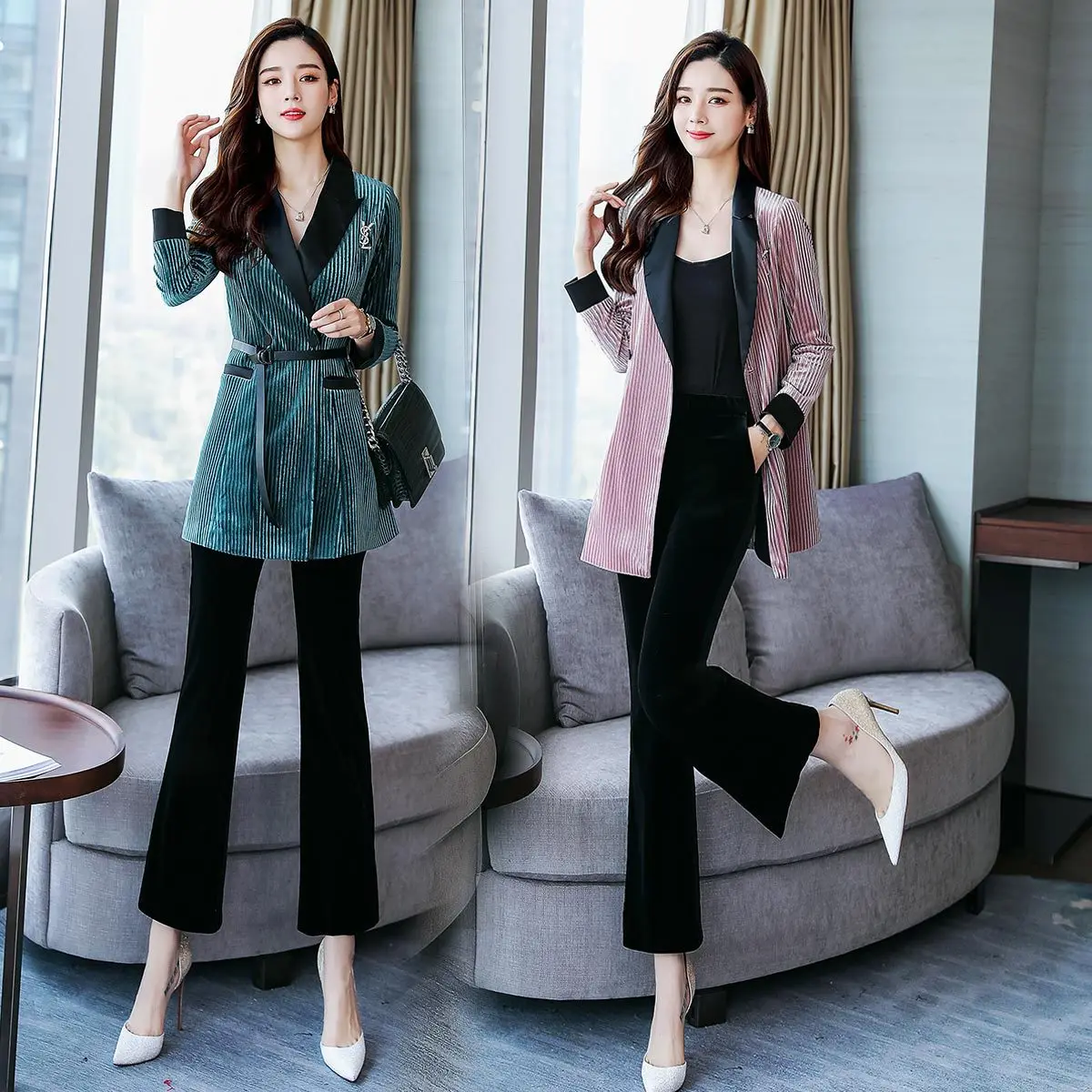 

V-neck Fashion Elegant Weila Pants Capri Pants 2019 Autumn Set/Suit Skirt Solid Color Pocket