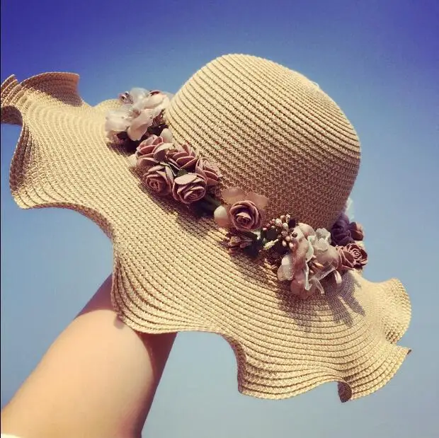 

Korean-style Spring Summer Flower Straw Hat Women's Cute Sun-resistant Large Brimmed Hat Wavy Edge Sun Hat