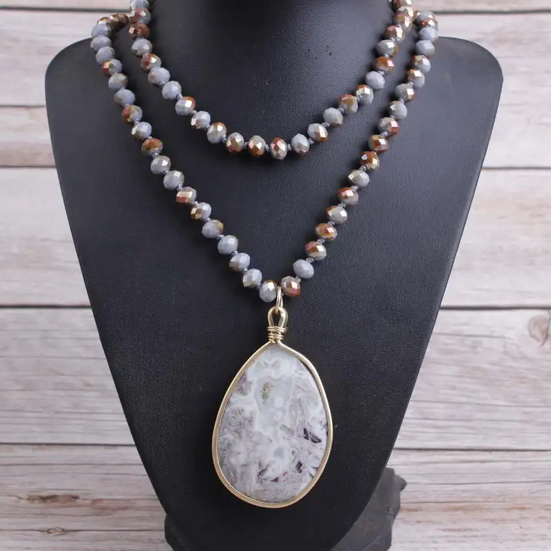N5521 ZWPON Faceted Glass Beaded Knot Gold Filled Natural Stone Pendant Necklace for Women Long Beads Statement Necklace Jewelry