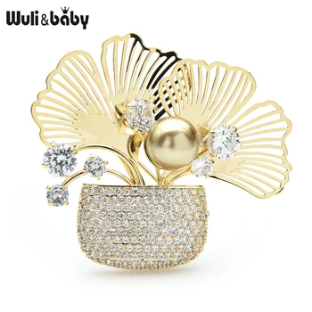 

Wuli&baby Czech Rhinestone Ginkgo Flower Basket Brooches For Women Weddings Banquet Office Brooch Pins Gifts