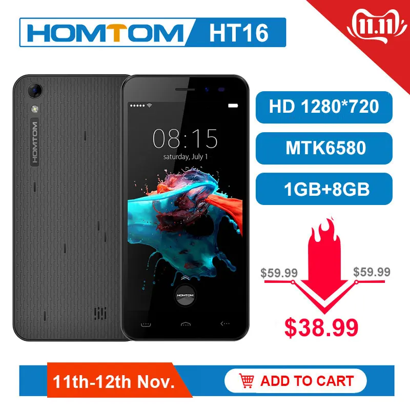 HOMTOM HT16 1GB 8GB5. 0 дюймов мобильный телефон Android 6 полный экран MTK6580 четырехъядерный