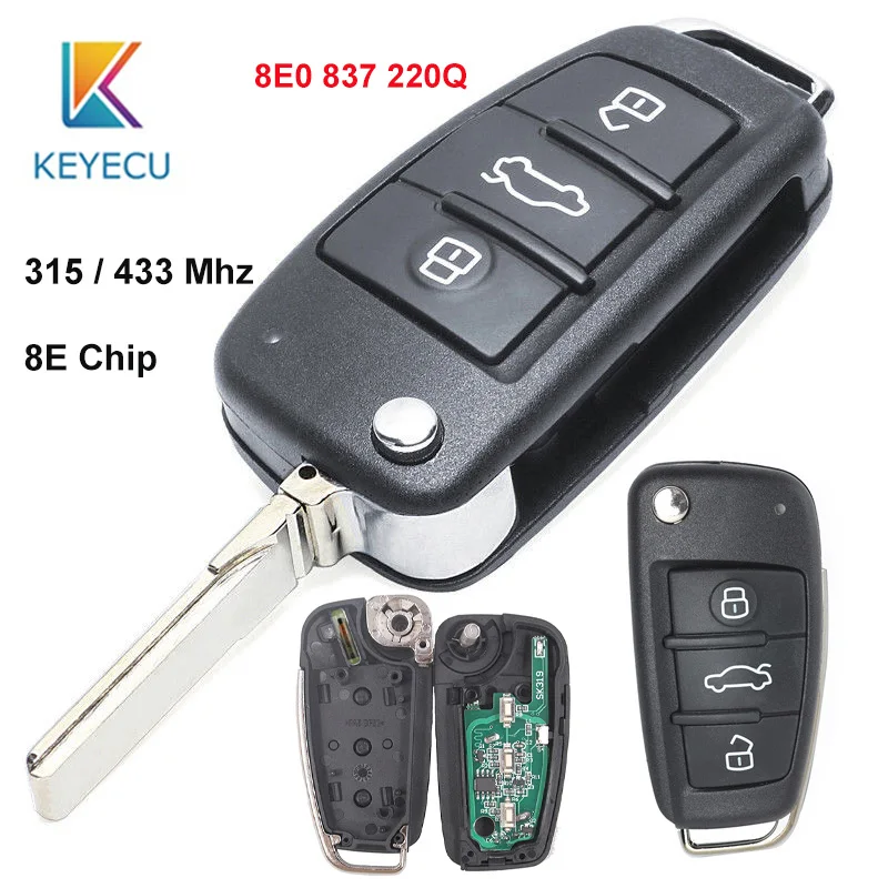 

KEYECU 315 / 433MHz 3 Button 8E Chip P/N: 8E0 837 220Q Replacement Upgraded Flip Folding Remote Car Key Fob for Audi A6L
