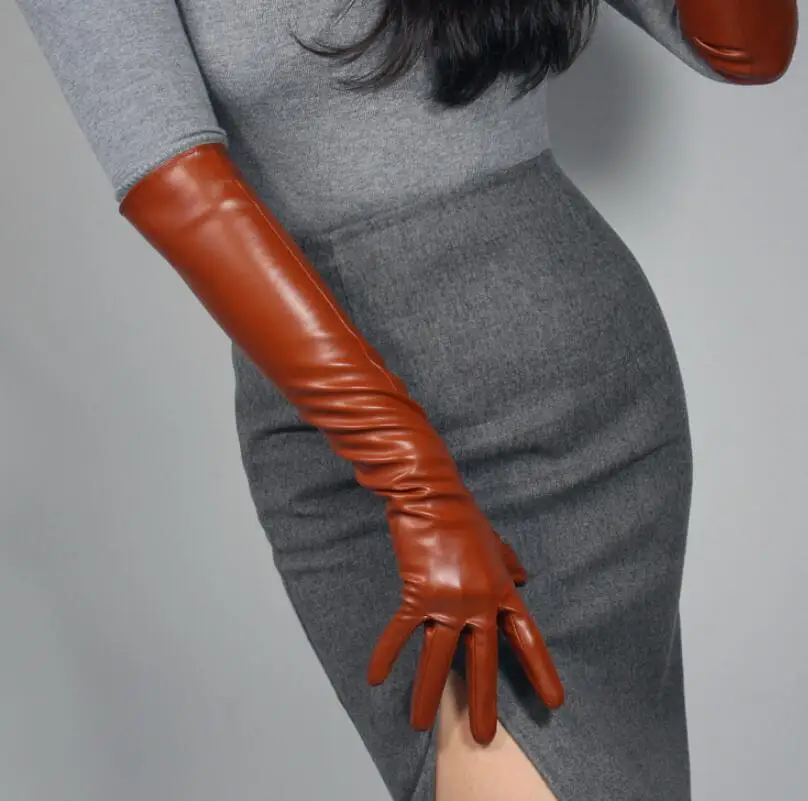 Women's fashion sexy slim faux pu leather glove lady's club performance formal party leather long brown glove 40cm R2046