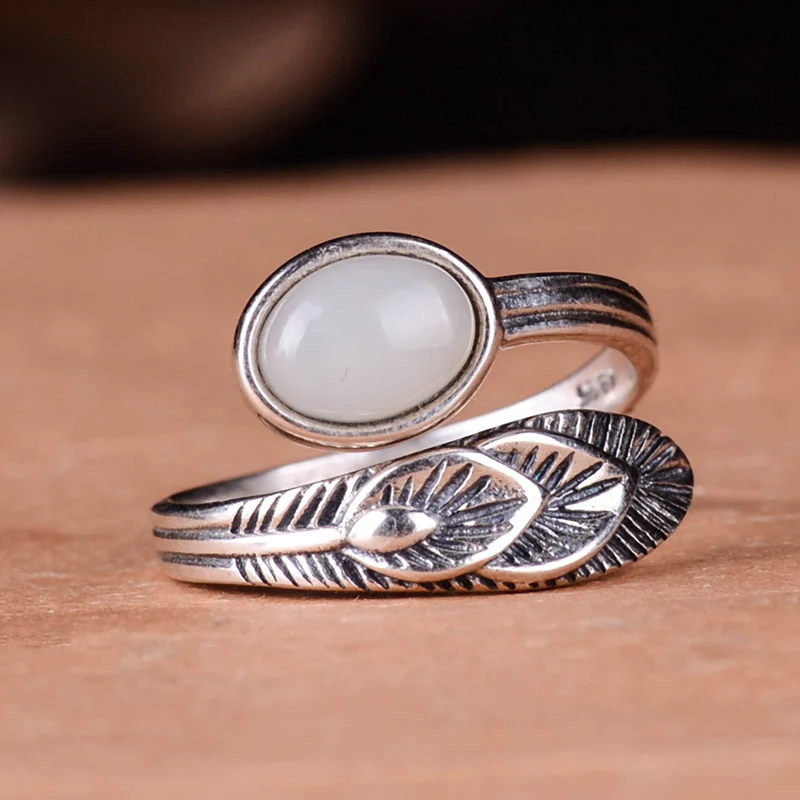 Natural Hetian White Jade Rings Drop Jade Ring With 925 Sterling Silver