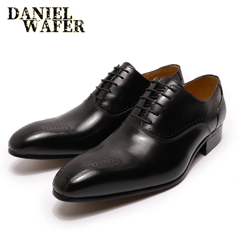 2020 WINTER LUXURY MEN GENUINE LEATHER SHOES MEN LACE UP OFFICE BUSINESS SHOES FORMAL BROGUE POINTED TOE OXFORDS WEDDING SHOES