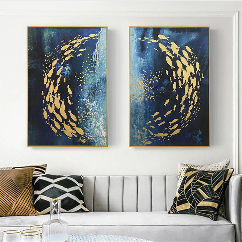 Gold abstract canvas painting Home decoration acrylic fish for living room home decor wall art pictures quadro caudros | Дом и сад