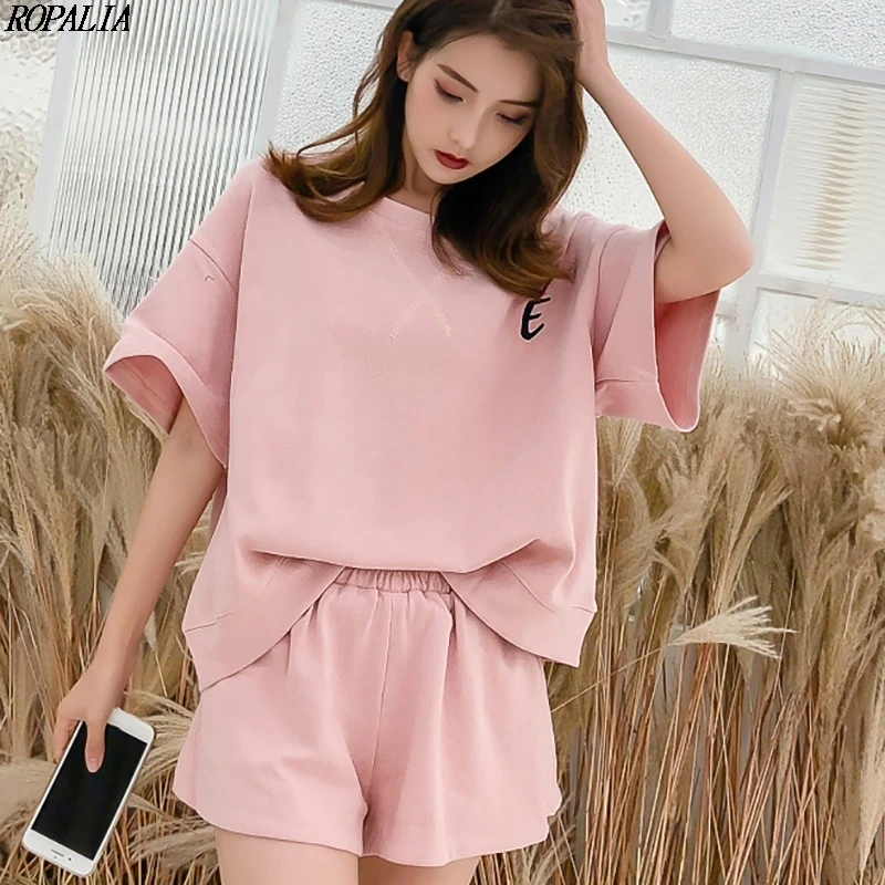 

Summer Women's Sweet Letter Print Two Piece Sets Half Sleeve O-Neck And Solid Pockets Shorts Set