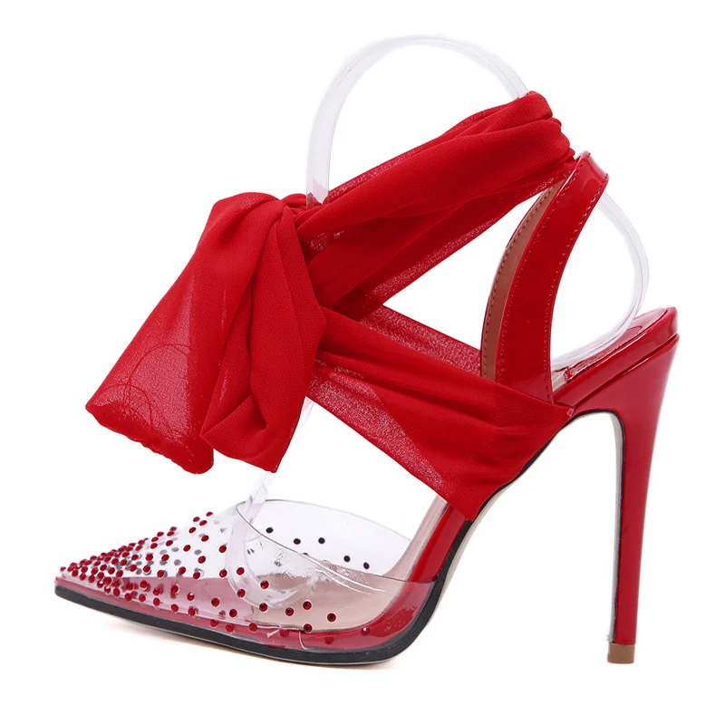

2019 Spring Elegant Thin 11cm High Heels Sandals Women Transparent Sexy Pumps Ladies PVC Crystal Red Valentine Party Strap Shoes