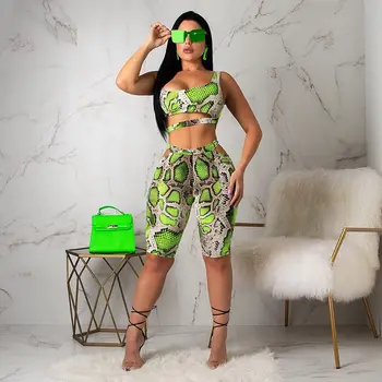 

2PCS Women Sexy Clubwear Snake Print Crop Tops+Pants Tights Jumpsuit Bodycon