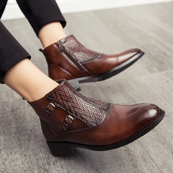 

Popular Vintage Boots For Men High Top Zipper Formal Shoes Fashion Mens Leather Boots Brown Buckle Strap Style Men Dress Boots