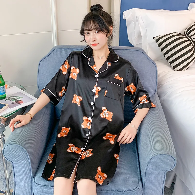 

[Temperature Attitude Warm] Spring Summer Pajamas WOMEN'S Cardigan Long Sleeve Mid-length-Printed Thin Shirt Nightgown