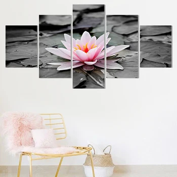 

Modern Canvas Living Room Pictures Home Decor 5 Panel Black Lotus Flowers Painting Wall Art Modular Poster Frame HD Printed