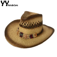 YY Изысканные бусы ковбойская соломенная шляпа для мужчин Летняя Пляжная дорожная Кепка с широкими полями ручной работы джазовые шляпы полые Панама CM19011