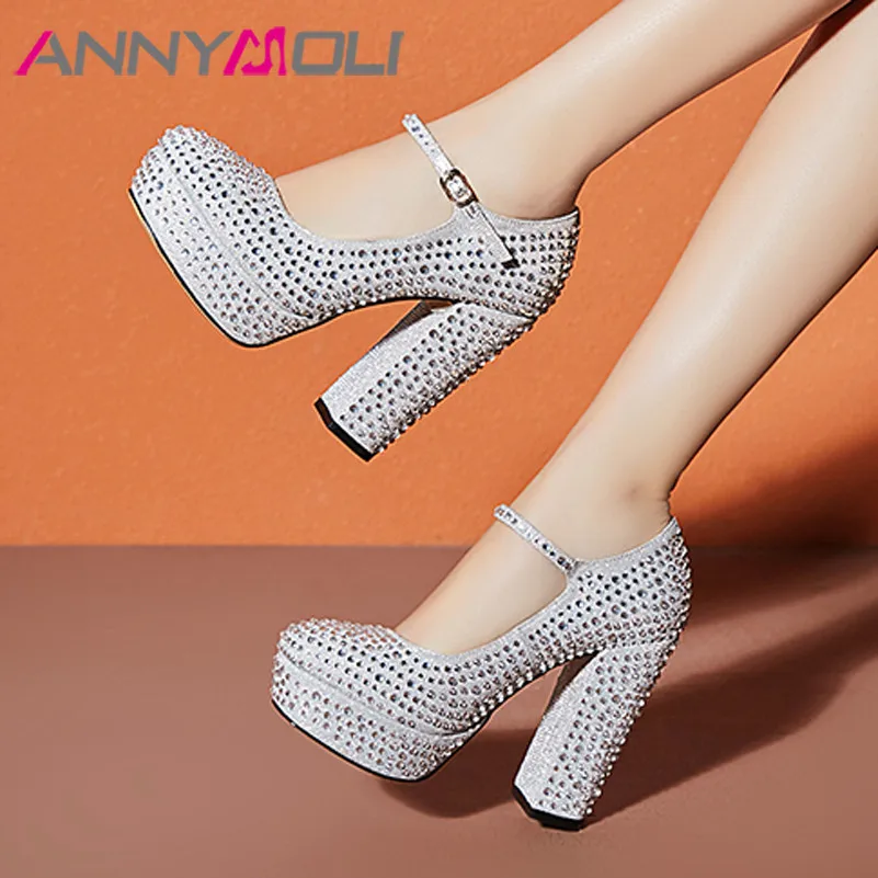 

ANNYMOLI Woman Shoes Square Toe Platform Extreme High Heels Crystal Chunky Heel Party Pumps Buckle Strap Sexy Ladies Footwear 41