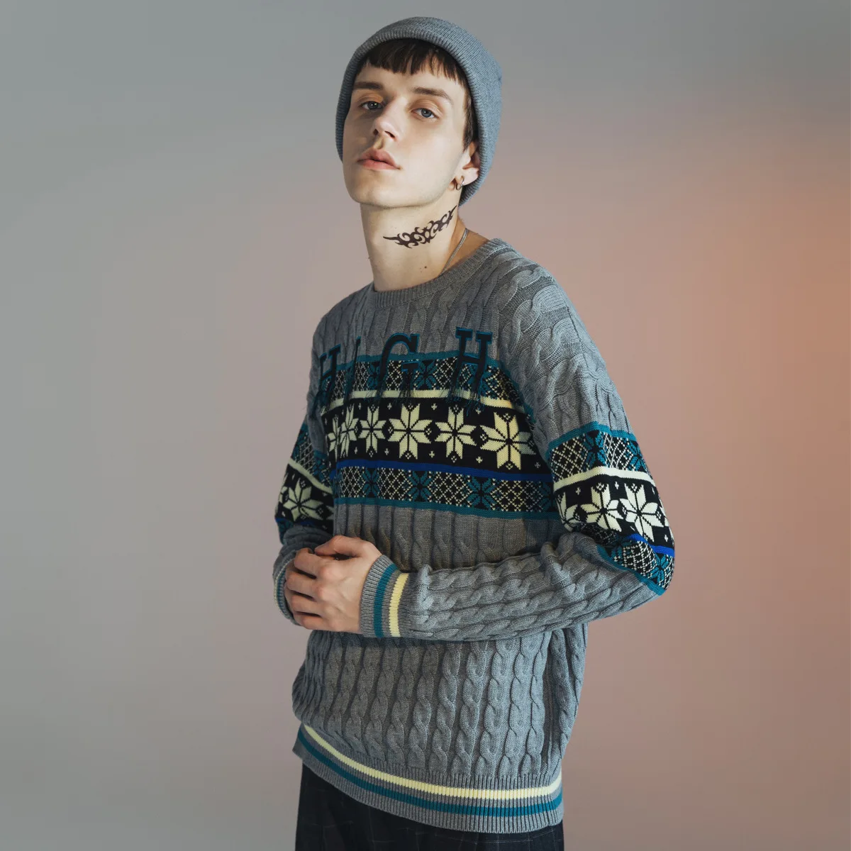 Japanese vintage Jacquard Crew Neck Sweater Men - Цвет: Серый