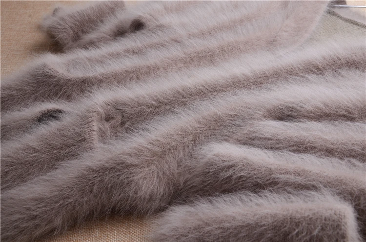С v-образным вырезом Повседневная мода плюшевый Ангорский кролик мех ручной вязки с длинными рукавами кардиган свитер пальто осень зима