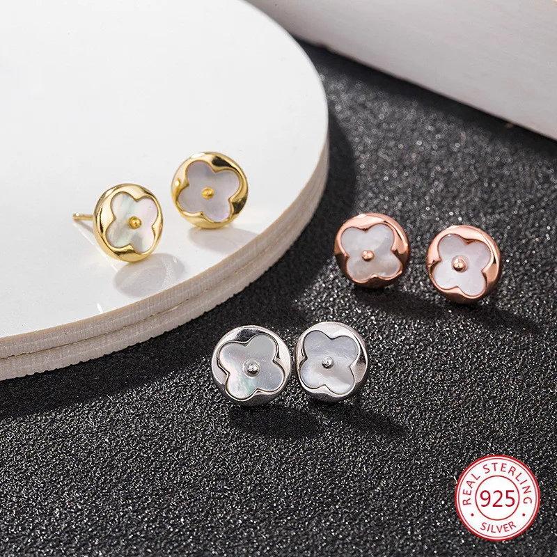 

s925 sterling silver earrings fashion round four-leaf clover trend simple style wild inlaid halo stone jewelry to send lovers