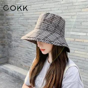 

COKK Bucket Hat Women Plaid Cotton Linen Fisherman Hat Summer Sunshade Folding Floppy Fishing Hat Female Panama Cap Gorro Bob