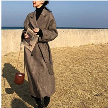 Женское зимнее длинное шерстяное пальто свободного покроя плюс Размер кардиганы с длинным рукавом Femme элегантное пальто с поясом