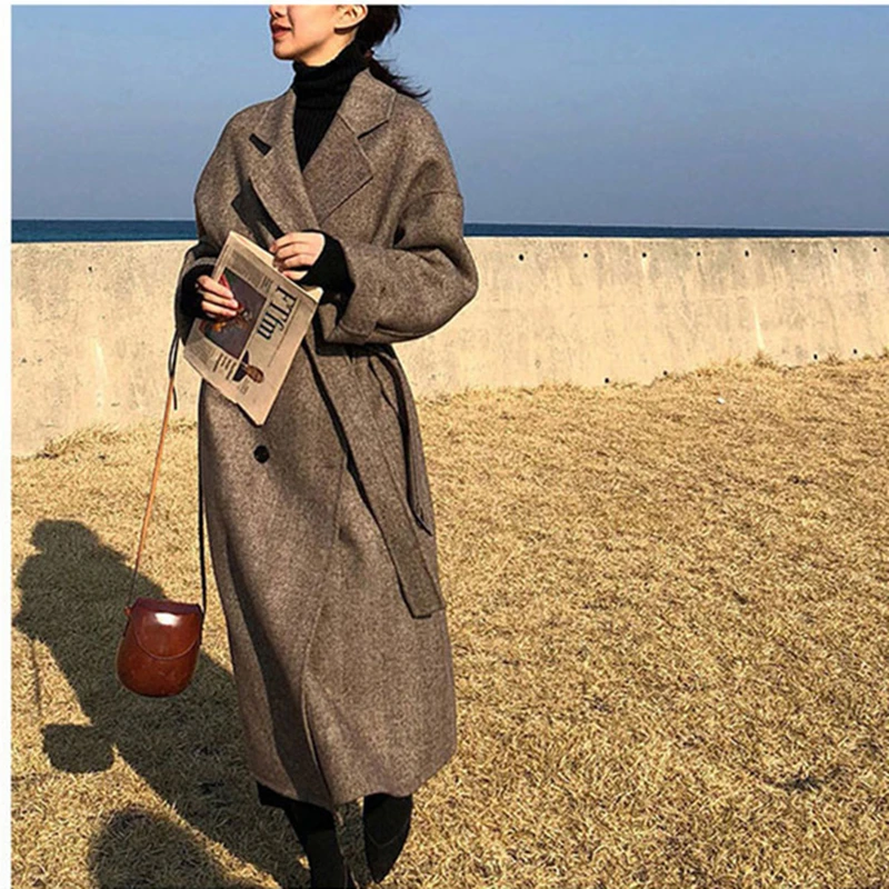 

Women Winter Long Overcoat Outwear Wool Coat Loose Plus Size Cardigans Long Sleeve Femme Elegant Belt Coat