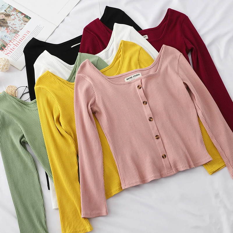 

Heliar 2019 Fall Square Neck Long Sleeve Buttoned Up Shirt Female Solid Pleated Strips Shirts Ladies Autumn Casual Tops For Wome