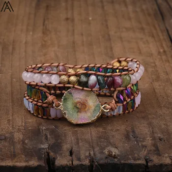 

Natural Rainbow Fluorite Stone Bead Wrap Leather Bracelet Bohemia Women 3 Strands Multilayer Handmade Bracelet N0518AMCJ