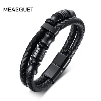 

Men's Double Links Bracelet Genuine Leather Handmade Wave Braided Black Wrist Brands Personalized Stainless Steel Buckle Jewelry