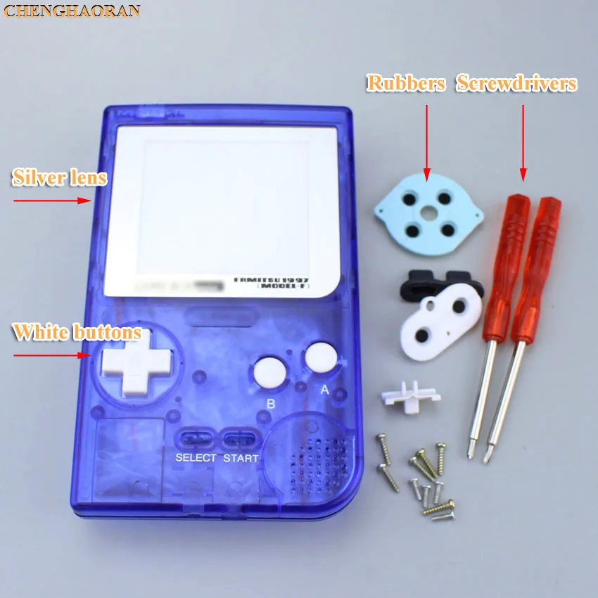 Прозрачный синий фиолетовый полный корпус Оболочка Чехол для Gameboy Карманная игровая консоль отвертка резиновая Серебряная линза белые пуговицы комплект