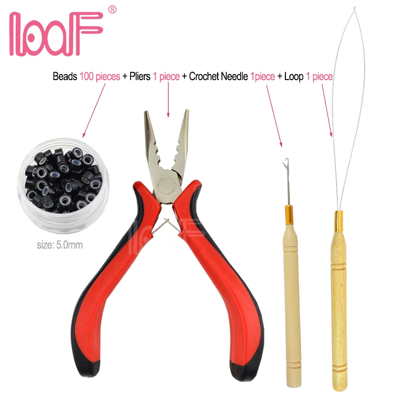 LOOF HOT Microrings звенья бусины 100 шт+ 3 отверстия плоскогубцы 1 шт+ Тянущая игла 1 шт+ вязальная игла 1 шт для наращивания волос Инструменты Наборы