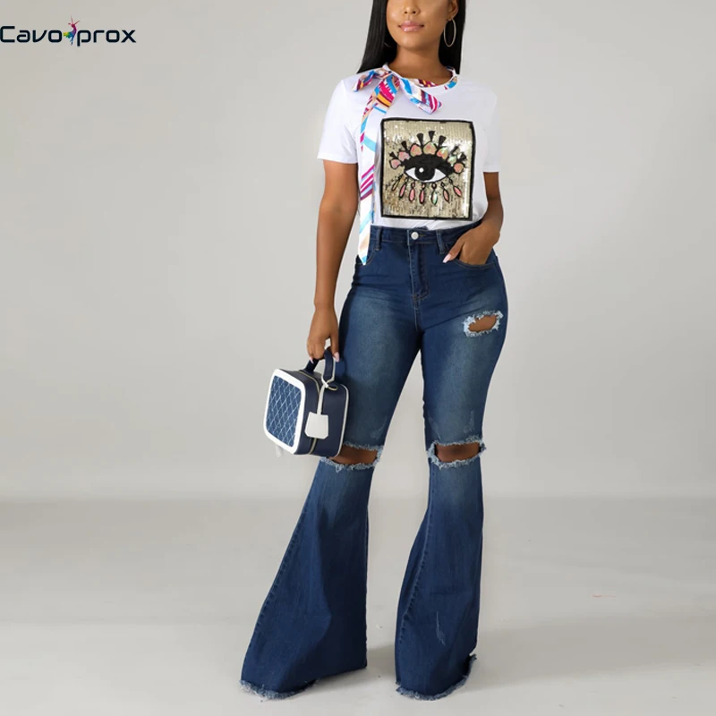 Женские джинсовые рваные брюки с высокой талией, облегающие синие облегающие рваные джинсы для женщин в стиле бойфренд, Стрейчевые расклешенные джинсы