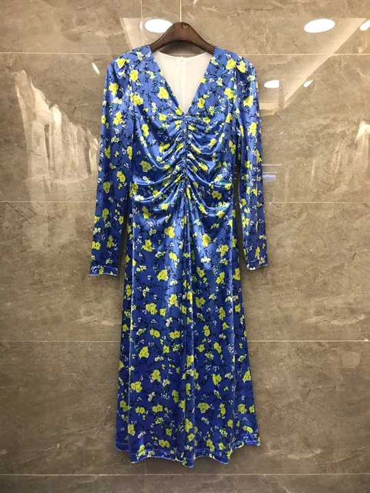 

2019 Early Autumn New Woman V-Collar Wrinkle and Twist Printing Decorative Long Sleeve Dress 904