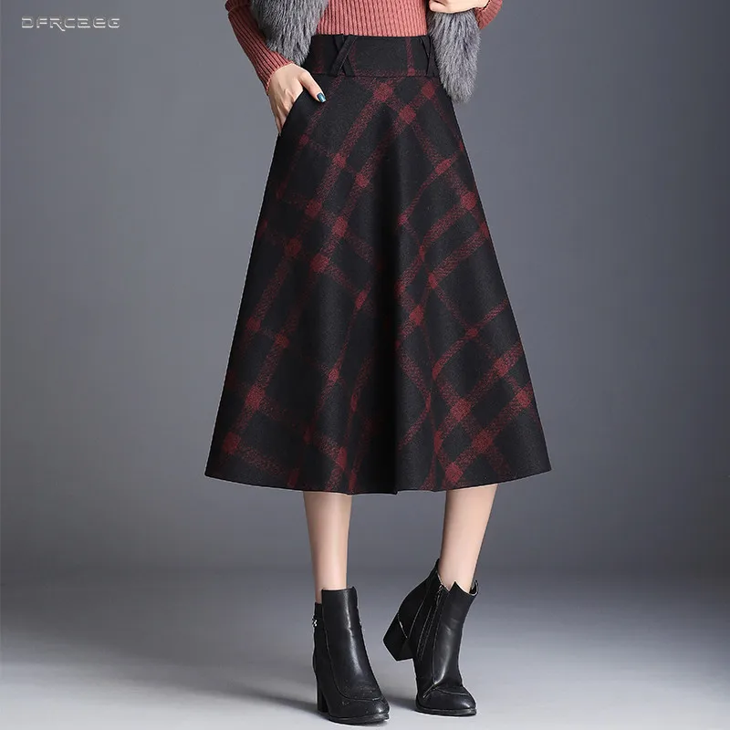 New Arrivals Thicken Wool Plaid Long Skirts Woman High Waist Vintage Winter Woolen Ladies A-line Skirt Female