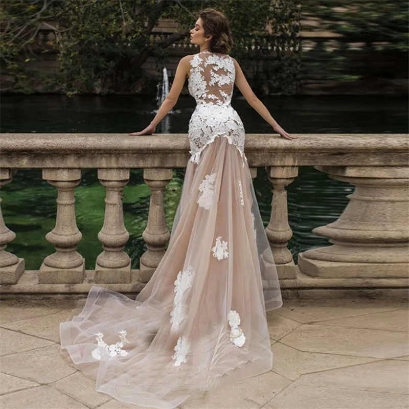 

Sexy Appliques Wedding Dresses 2023 Lace Light Champagne Tulle O Neck See Through Bride Gowns vestido noiva with Train