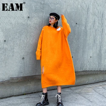 

[EAM] Women Big Size Holes Long Knitting Dress New Round Neck Long Sleeve Loose Fit Fashion Tide Autumn Winter 2020 1DB533