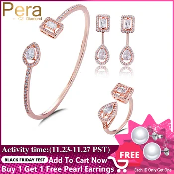 

Pera Brand CZ Stone Fashion Design Jewelry Set Sparkling Cubic Zirconia Earrings Bracelet Bangle Rings for Women Engagement Z038